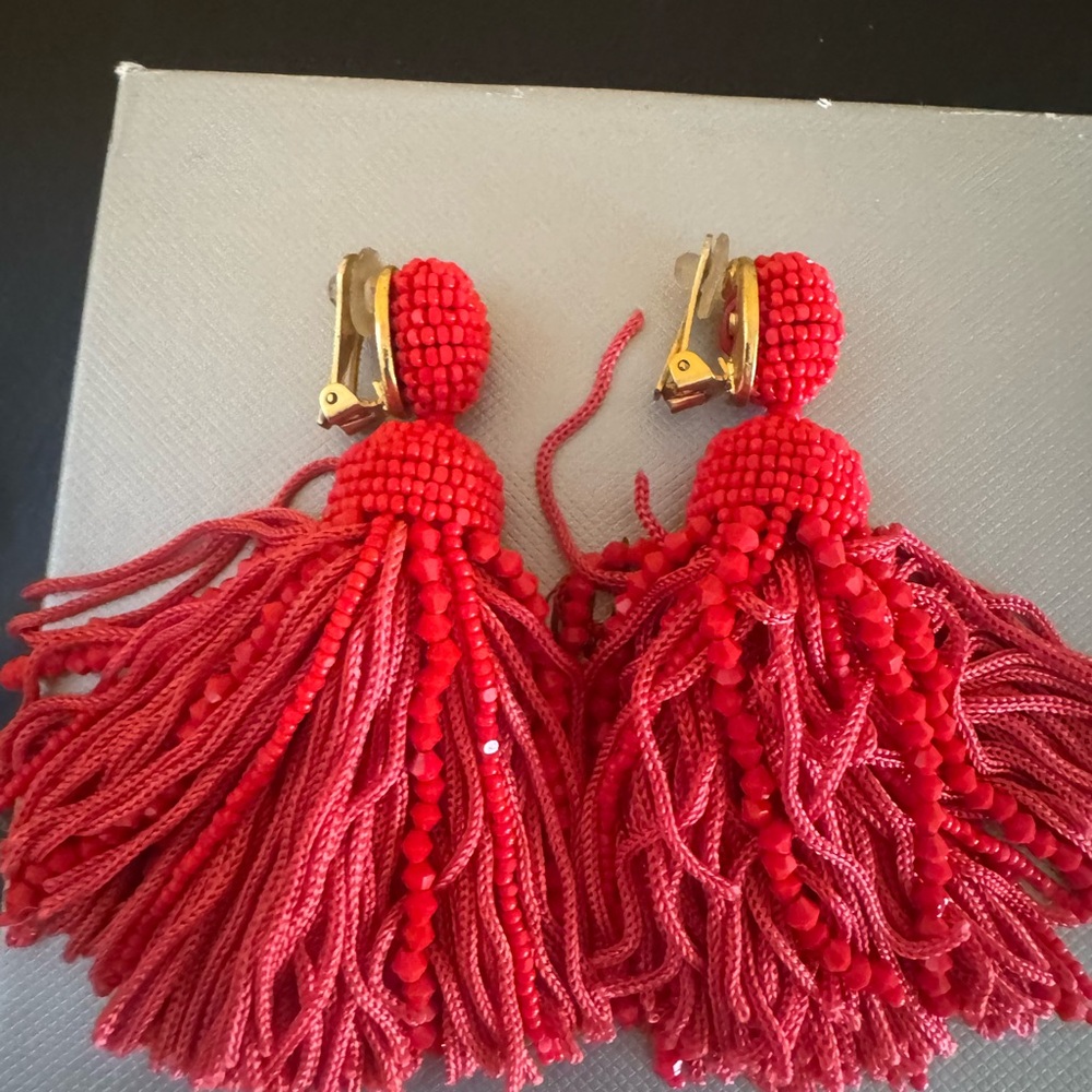 Oscar De La Renta Elegant Red Tassel Clip-On Earrings